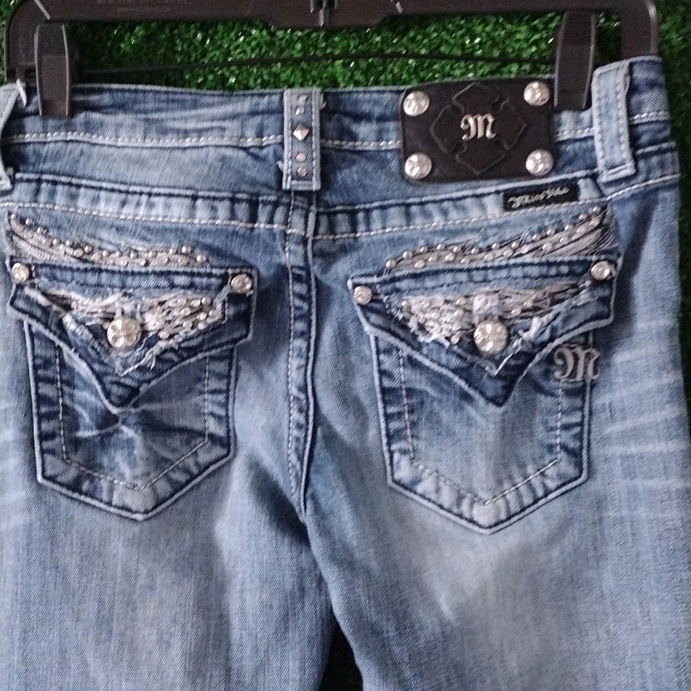 Miss Me Blue Straight Or Boot Cut Jeans with Rhinestone Embellishments - Picture 7 of 7